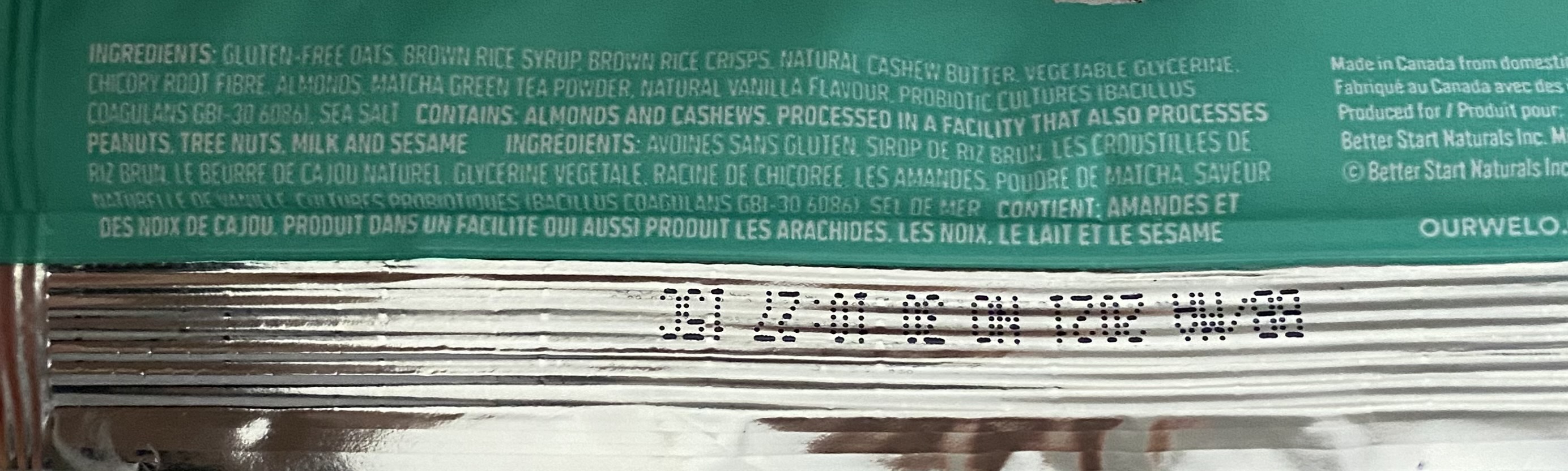 Welo Probiotics Bar Matcha Almond ingredient list