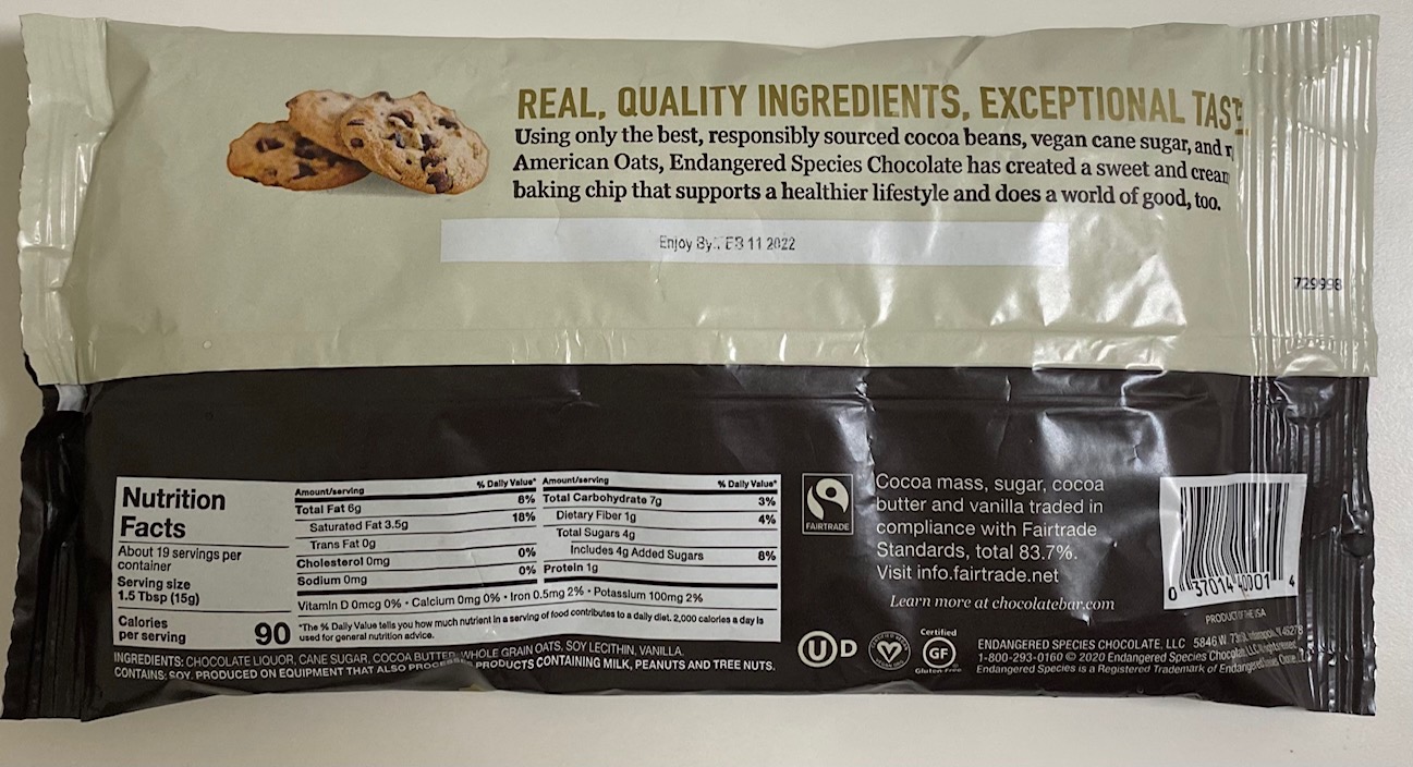 Endangered Species Premium Baking Chips Oat Milk &amp; Dark Chocolate back of package