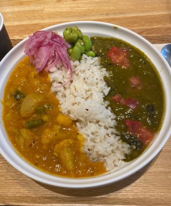 Soup Stock Tokyo Sambar (Lentil Stew) and Palak (Spinach Curry)